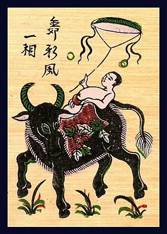 Tranh Đông Hồ: cậu bé ngồi trên lưng trâu thả diều
